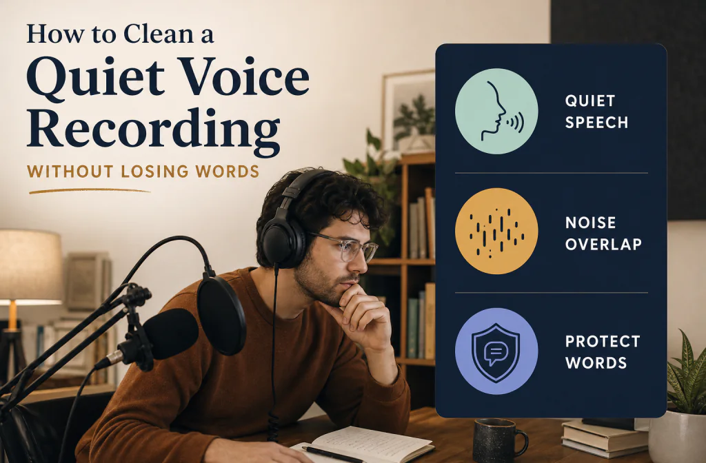 Listener reviewing quiet speech that overlaps background noise and deciding whether cleanup preserves words